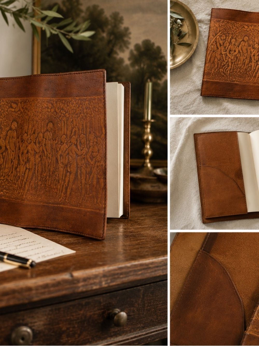 Vintage Three Graces Embossed Leather Journal / Portfolio Cover Renaissance Art